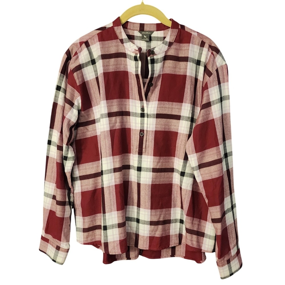 Eddie Bauer Women Henley Top Burgundy‎ Plaid Split Back Long Sleeve M
